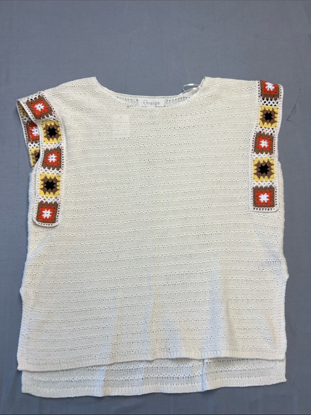 Greige Cream Crochet-Trim Sleeveless Knit Tank